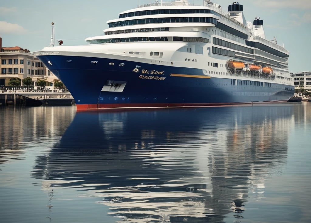 A blue and white boat with some rust marks is docked at a marina. The boat has a 'For Sale' sign displayed in the window. In the background, there are more boats with masts and a clear blue sky. Buildings can be seen on the right side of the image.