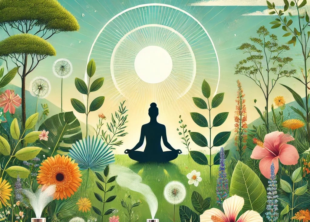 Midwest-Essentials.org-homepage-woman-meditating-outdoors-surrounded-by-vibrant-flowers-and-plants