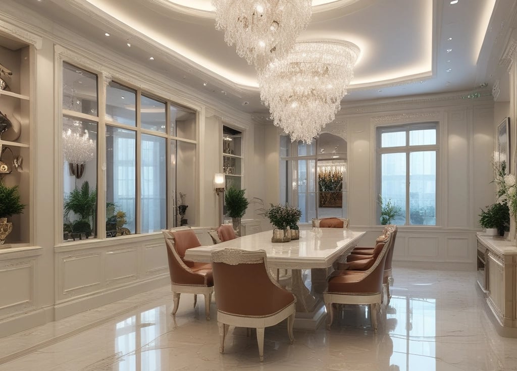 a dining room with a large table and chairsw