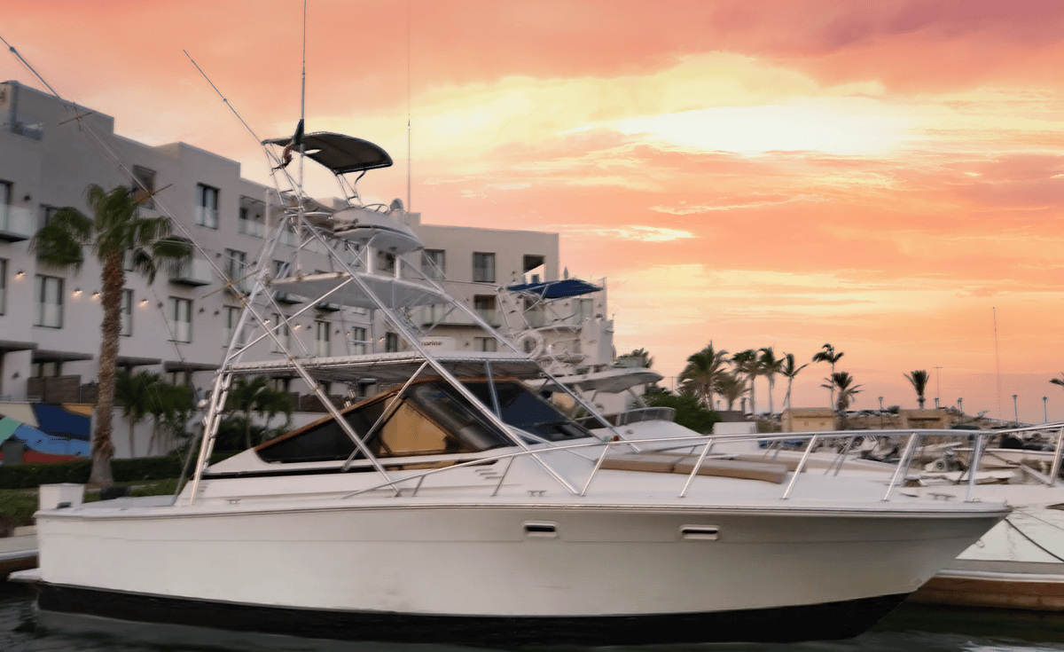a boat in the water with a pink sky and buildings in the background
