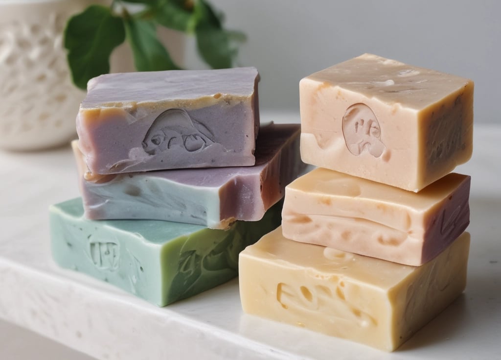 A collection of colorful handmade soaps arranged on a wooden surface.