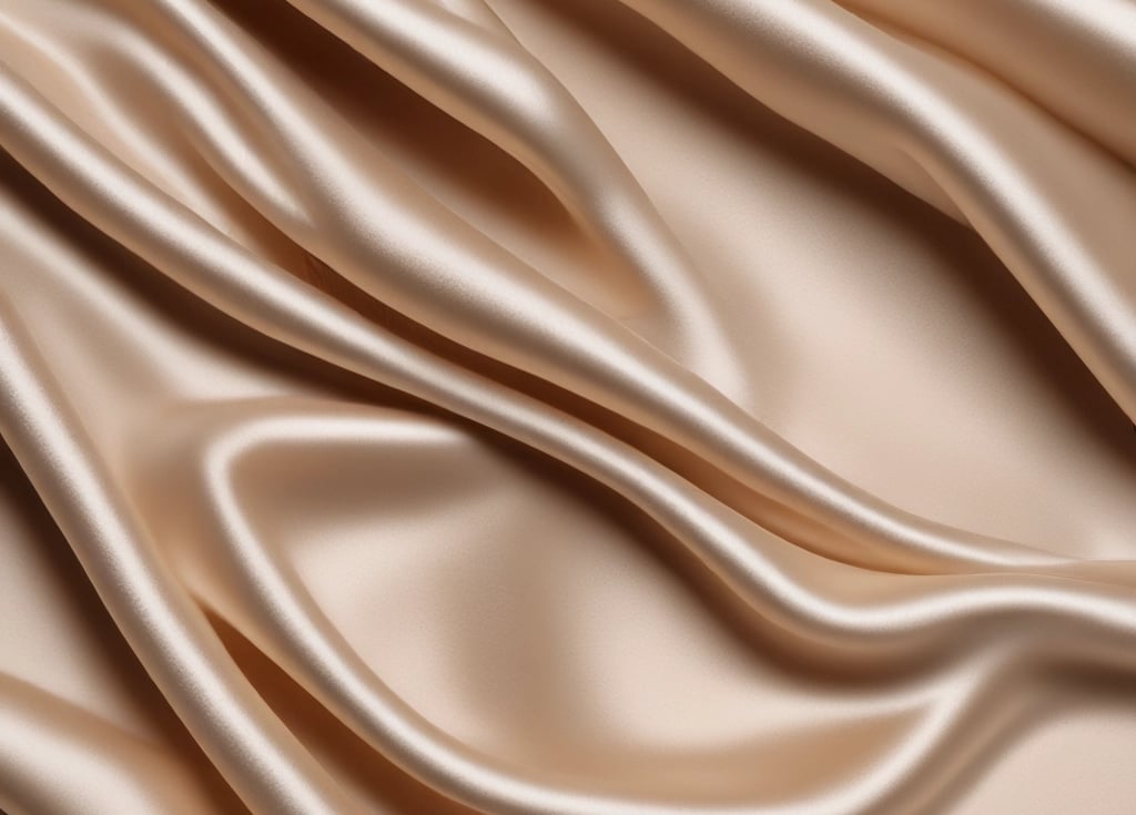 Smooth, flowing folds of shiny, champagne-colored satin fabric create an elegant, luxurious texture.