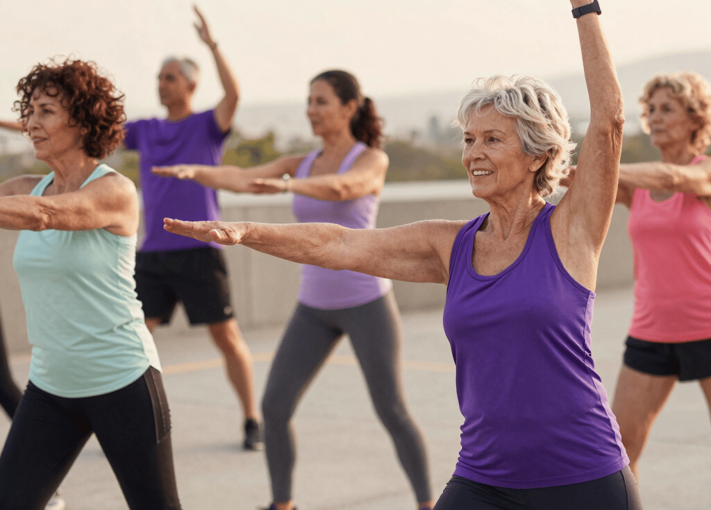 Bright natural light scene of diverse people exercising outdoors surrounded by plants, reflecting vitality and wellness.