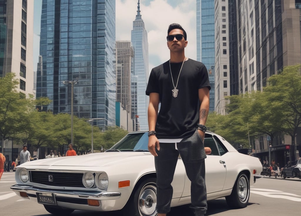 A stylish young person wearing relaxed streetwear from xtraordinary threadz, standing confidently against an urban backdrop with soft rose gold accents.