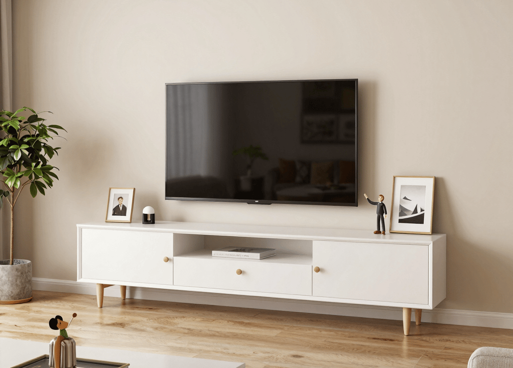 A beautifully crafted solid wood sideboard in a cozy living room setting