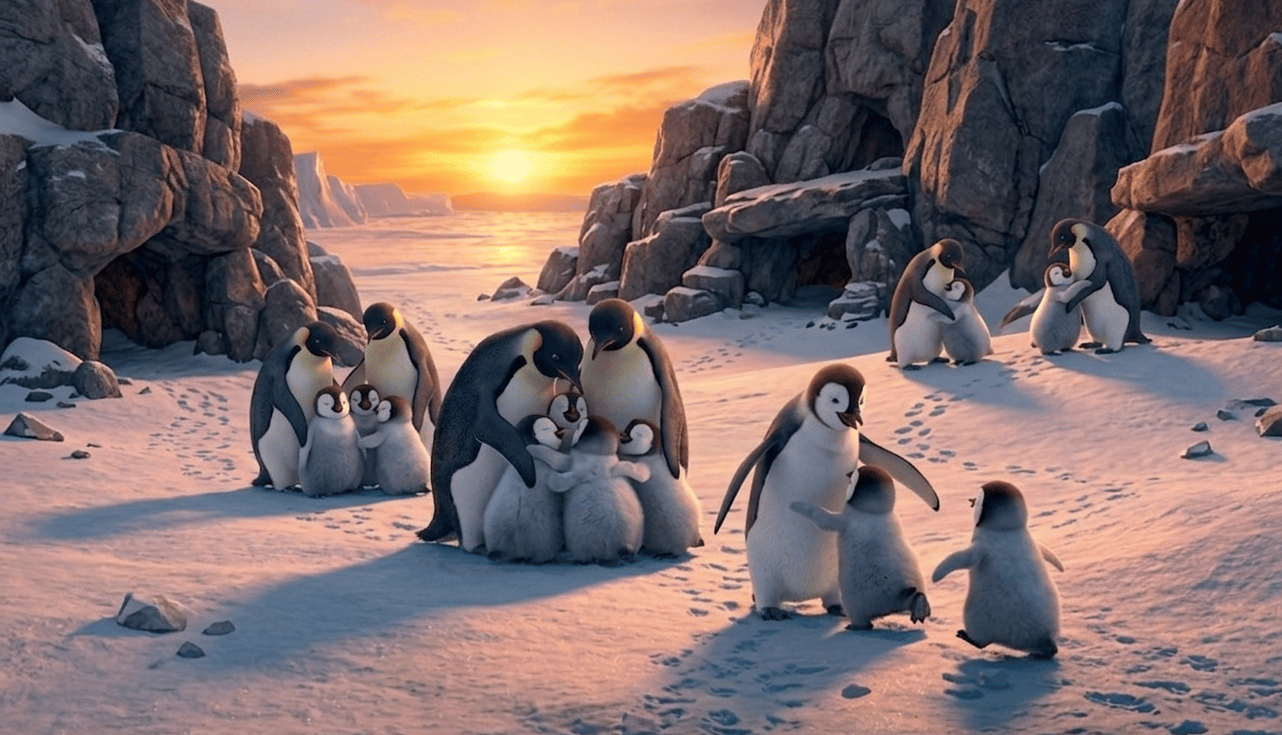 A group of emperor penguins and their chicks huddled together on a snowy Antarctic landscape during a vibrant sunset.