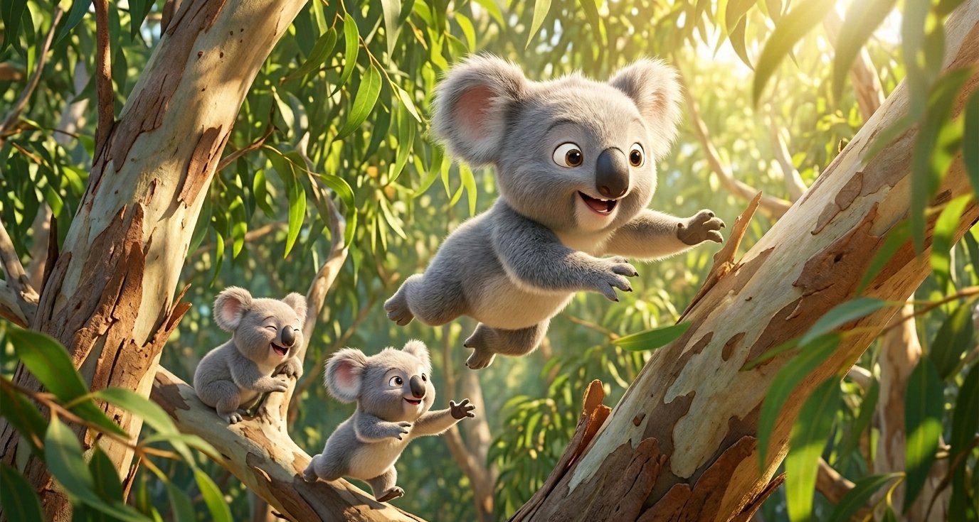 Adorable animated koala bears playing and jumping through sunny eucalyptus tree branches.