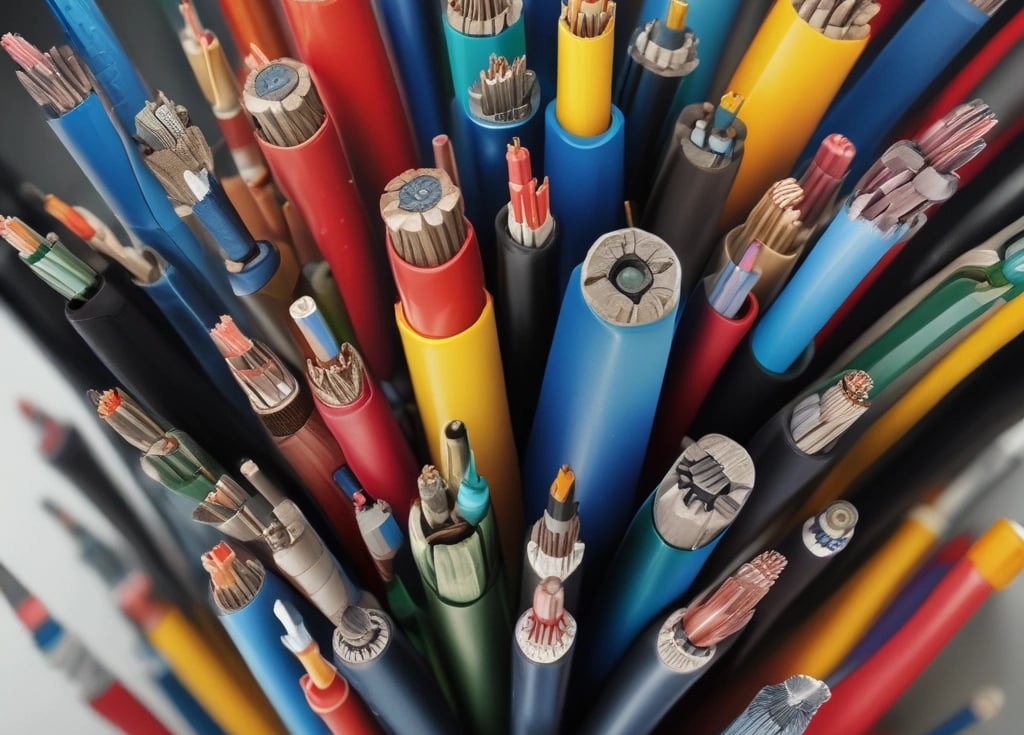 Assorted industrial power cables and colorful electrical wiring with exposed copper wire cores.