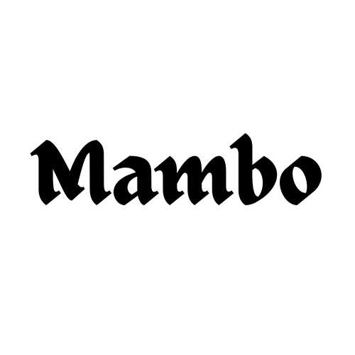 Mambo brand logo in black gothic typography on a white background.