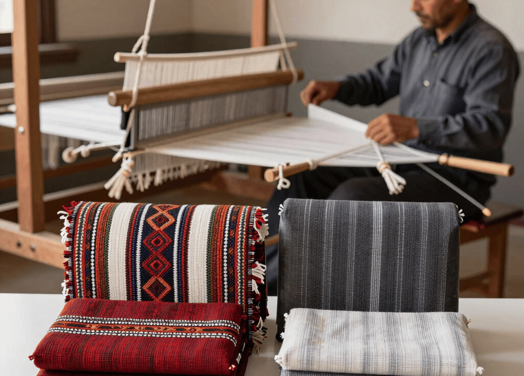 Close-up of soft, handwoven Buldan textile fabric in natural colors.