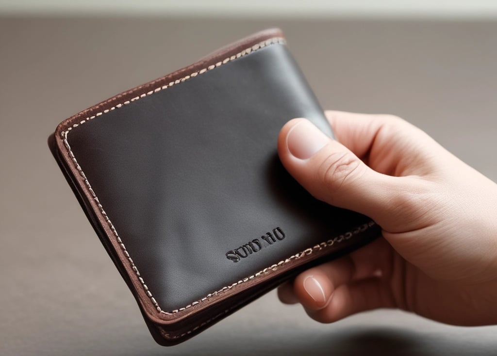 Close-up of a sleek leather wallet on a wooden table with soft natural light highlighting its texture