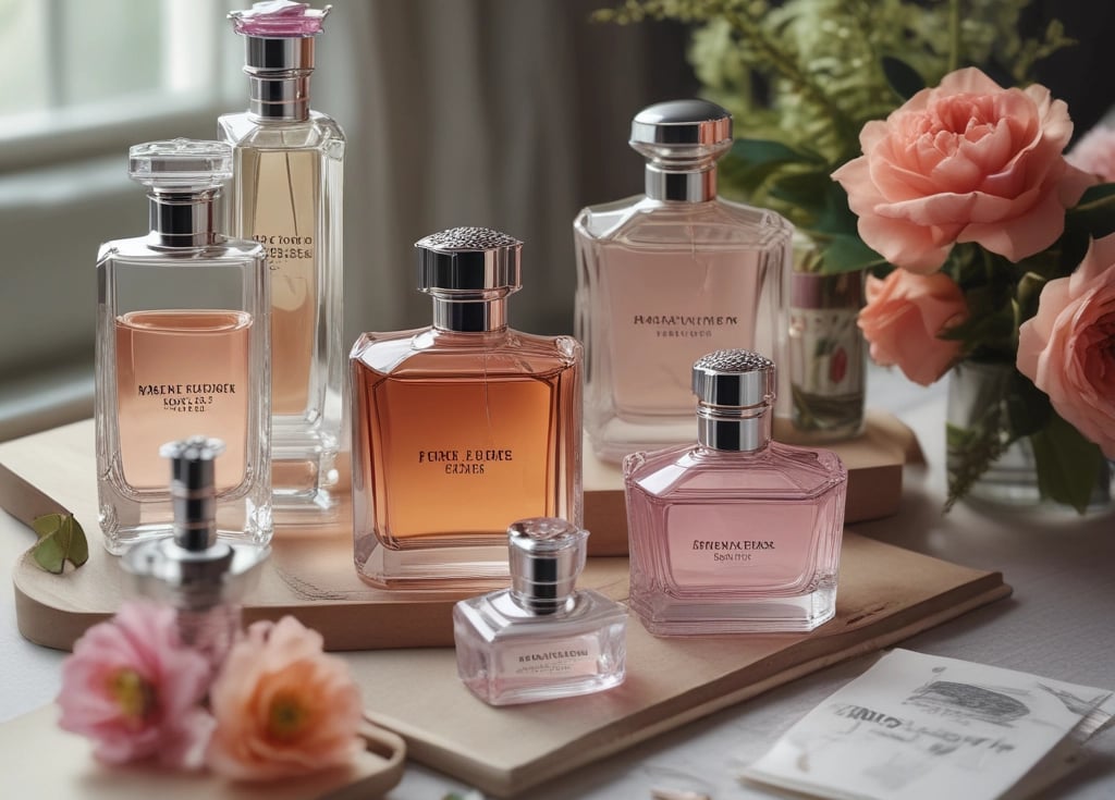 A beautifully arranged collection of elegant perfume bottles with a warm, inviting background.