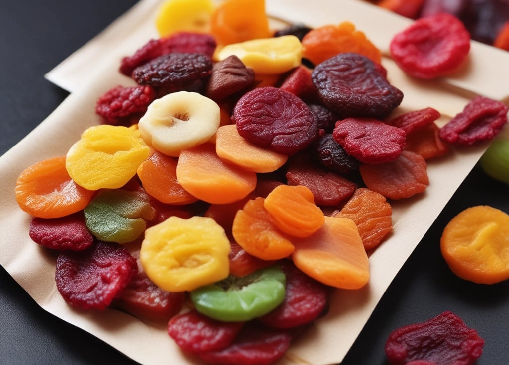 Close-up of dried banana slices branded as 'กล้วยอบอุ่น' in a rustic basket