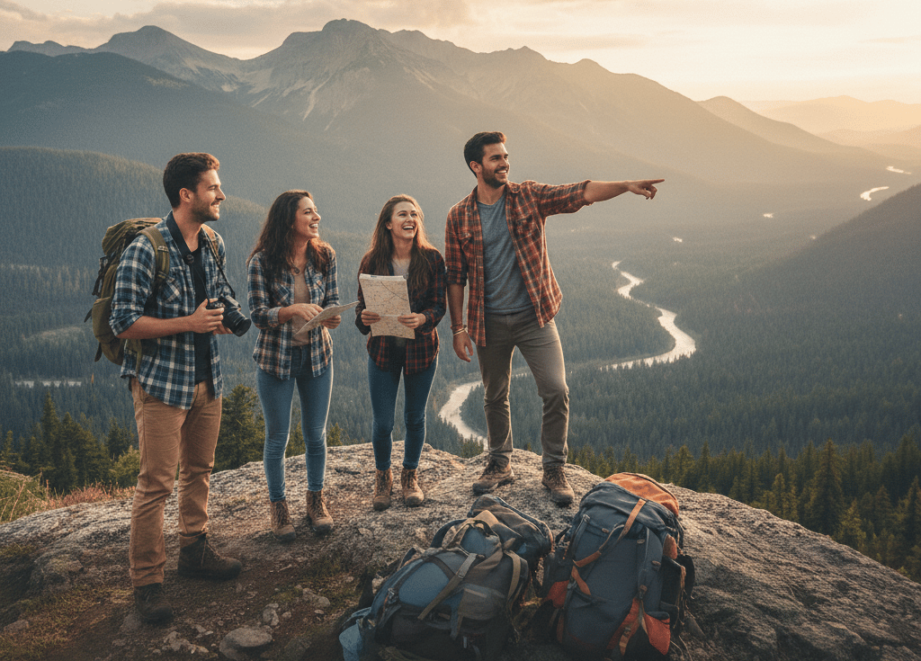 Group of happy friends hiking on a mountain summit at sunset with a scenic valley view.