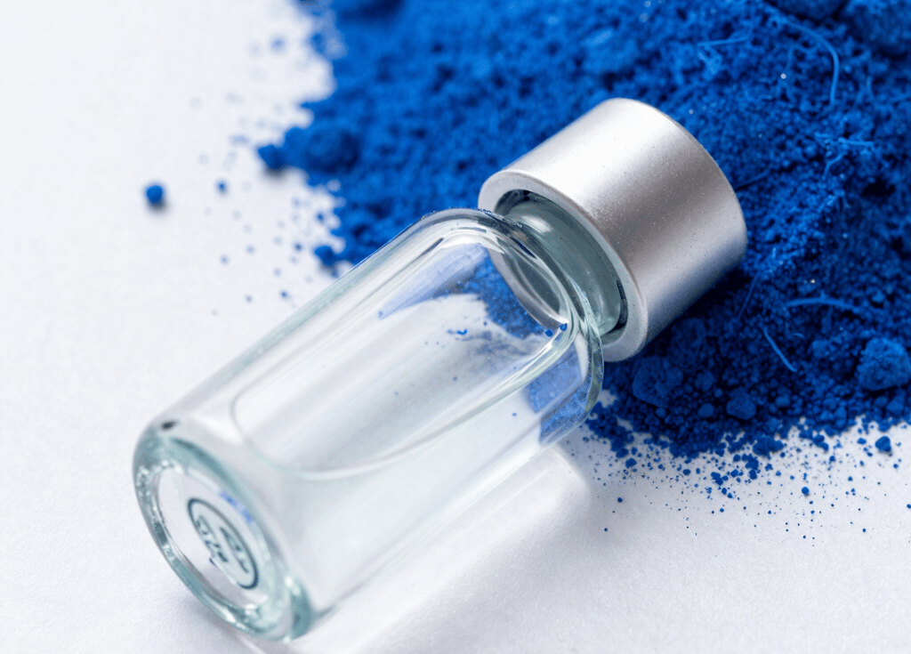 Close-up of crystalline peptide powder in a lab dish with scientific equipment blurred in the background