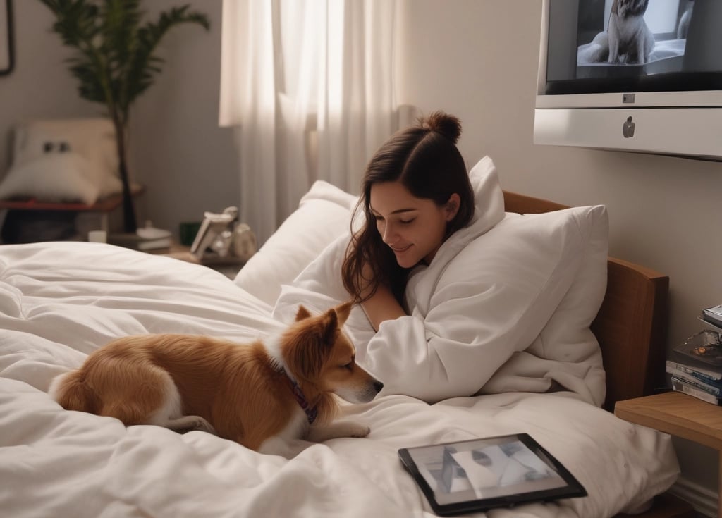 a wideo with  dog with a bed with a person