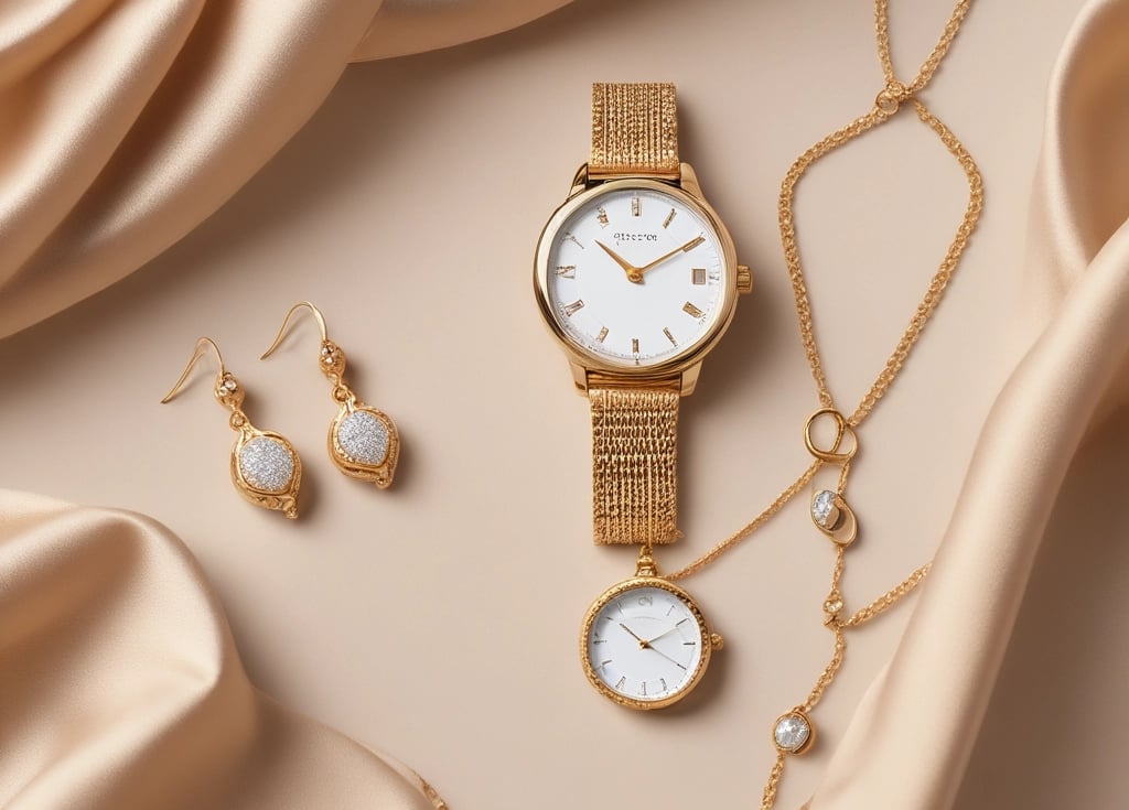 A close-up of a young woman’s wrist adorned with layered delicate bracelets and a sleek watch, set against a soft pastel background.