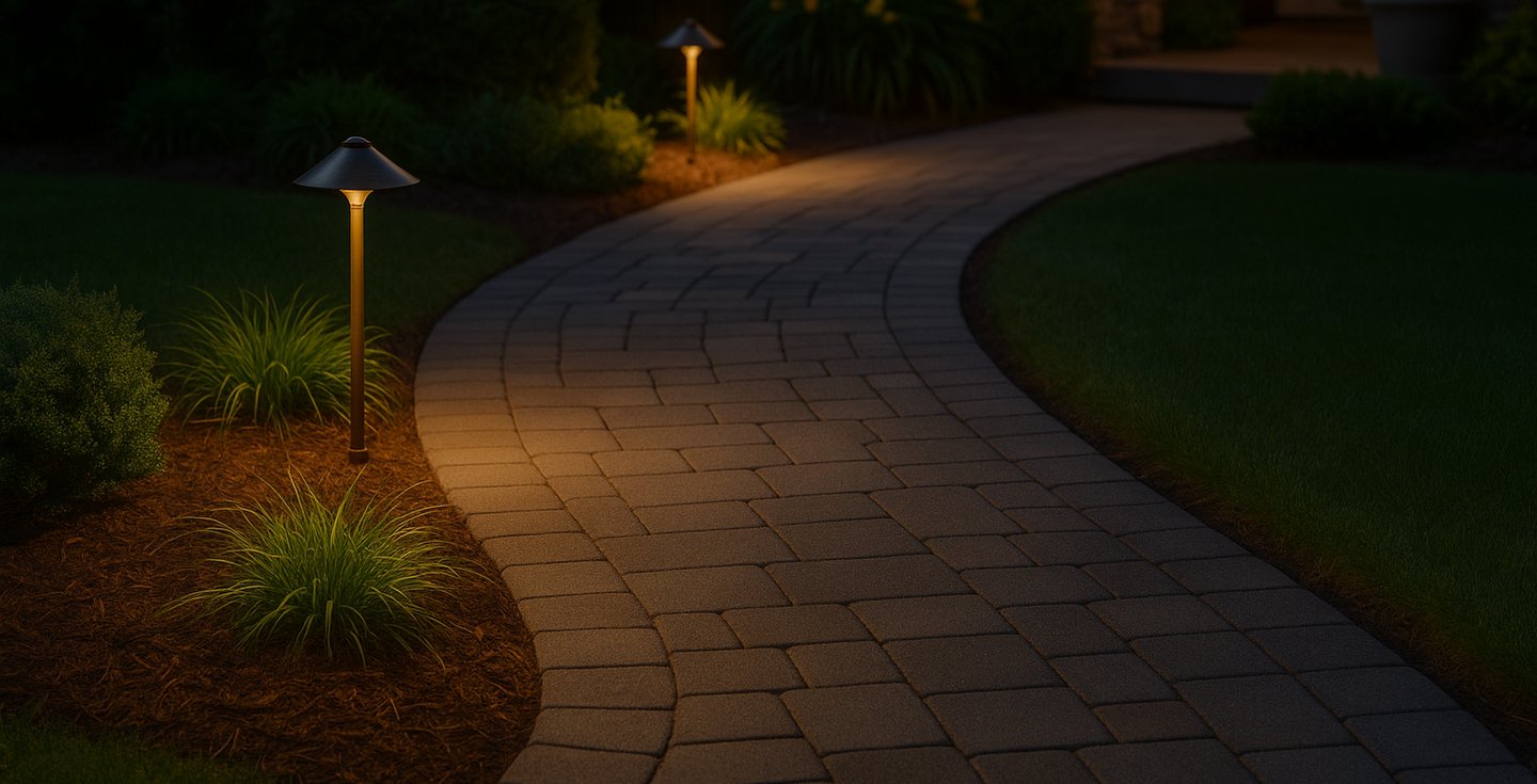 A brick walkway that is lit by landscape lighting offering a safe and elegant path