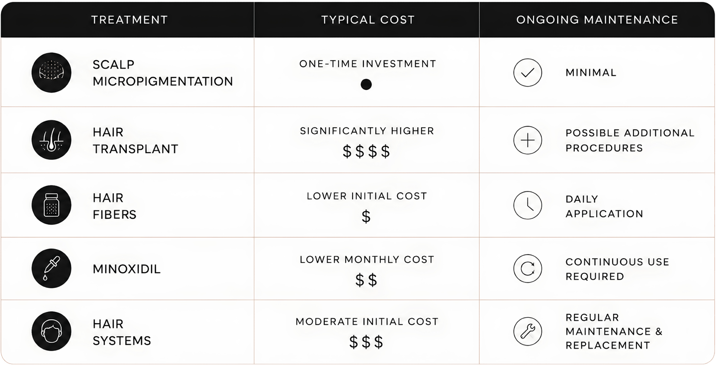 Comparison chart of hair loss treatments showing costs and maintenance for scalp micropigmentation and transplants.