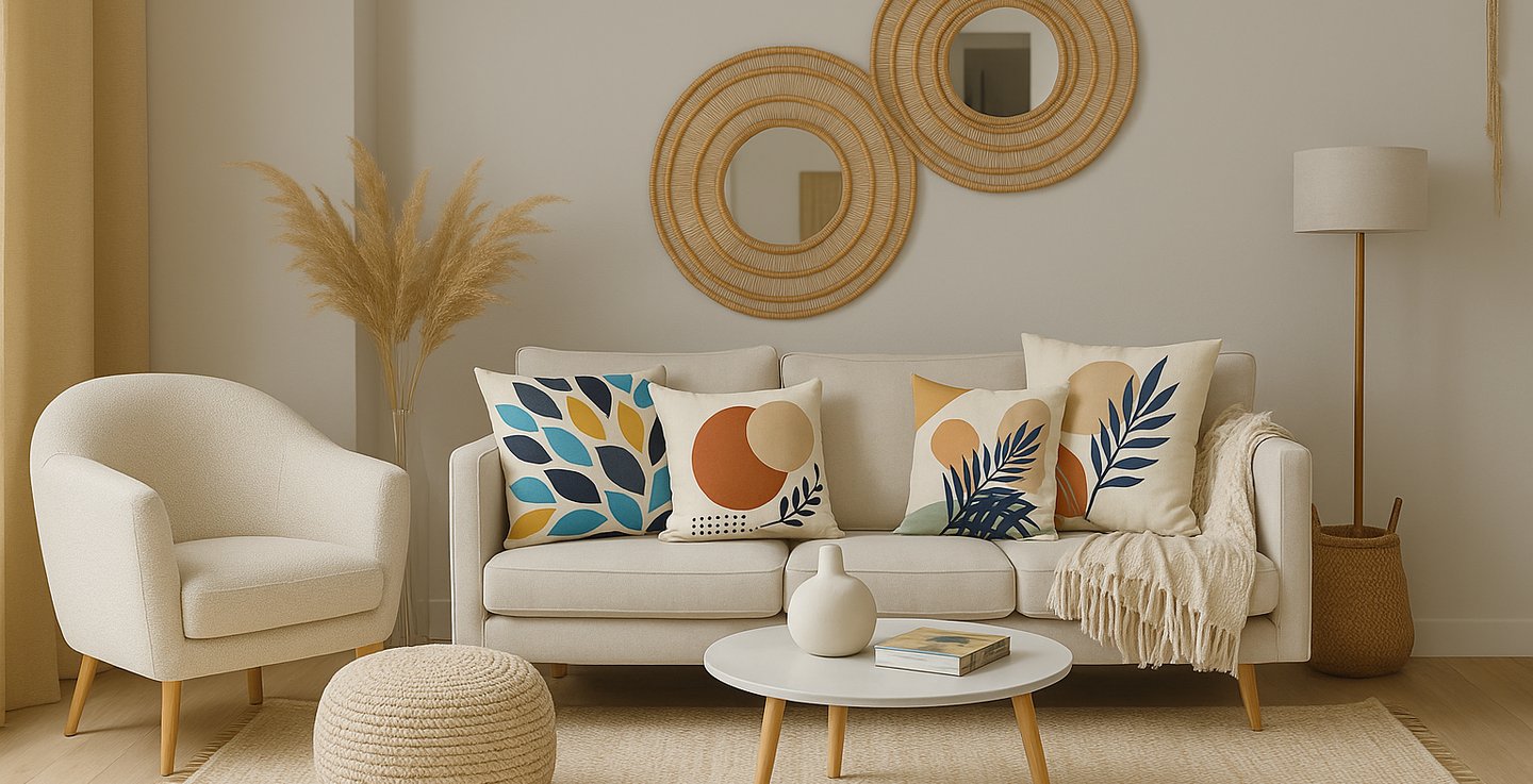 Salon scandinave moderne avec canapé beige, coussins déco nordiques et décoration naturelle.