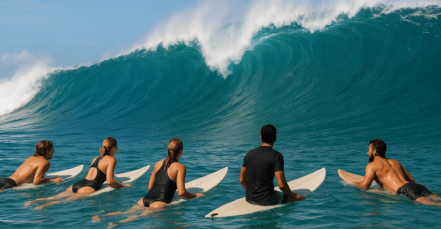 Des surfeurs attendent une vague pour la journée mondiale du surf