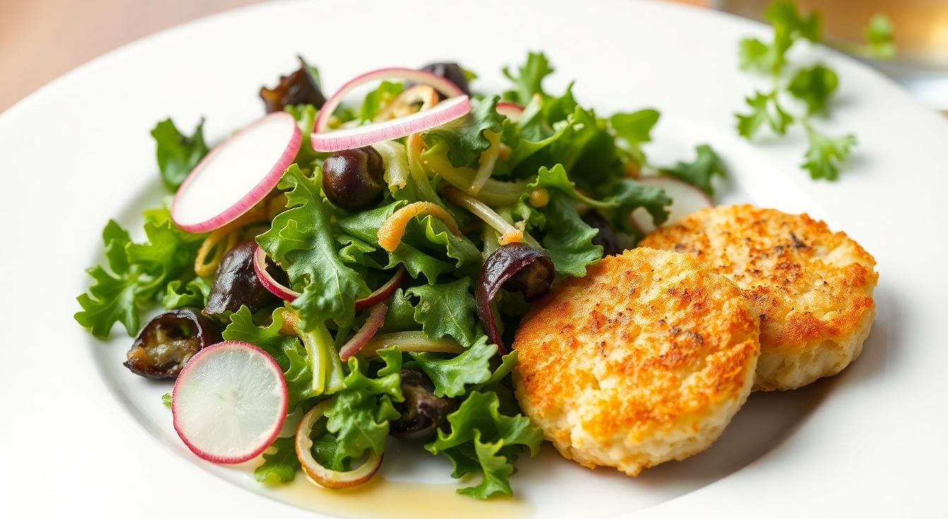 a salad with Toss mixed greens, arugula, or spinach with shaved fennel, thin-sliced radish, and a sp