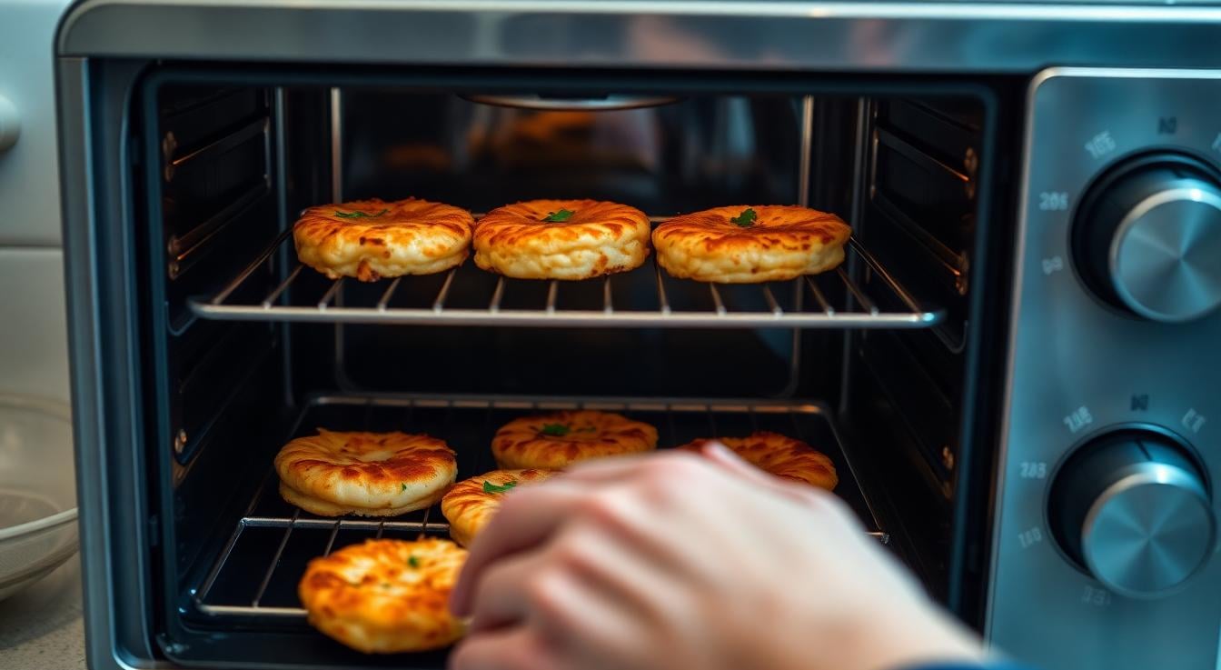 a person reheating crispy lemon shrimp cakes in a toaster oven