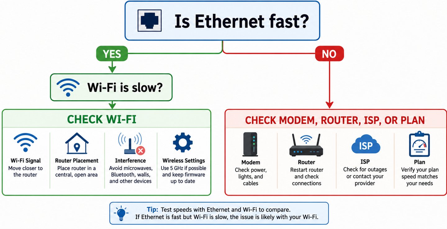 Decision diagram showing how to tell whether slow internet is caused by Wi-Fi or the internet connection.