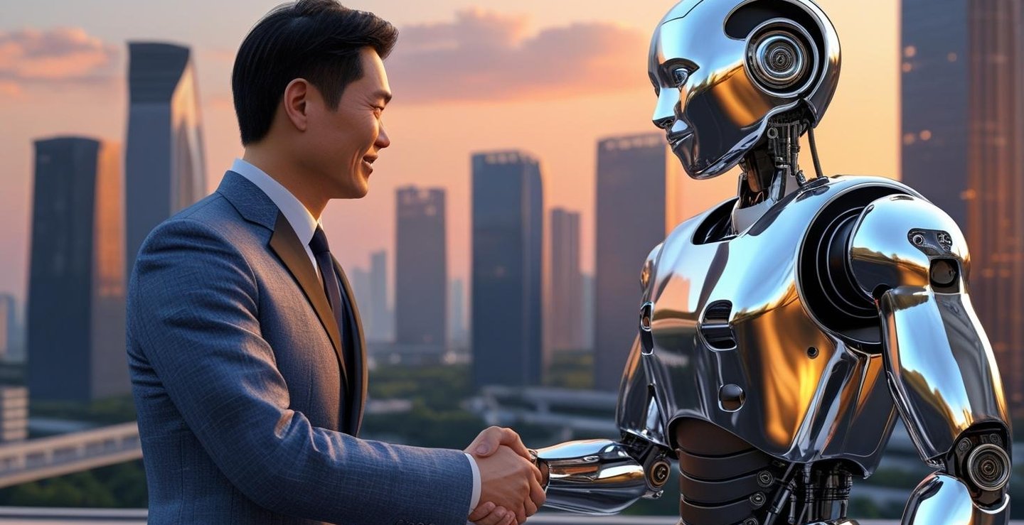 Illustration of robots and humans shaking hands, symbolizing collaboration