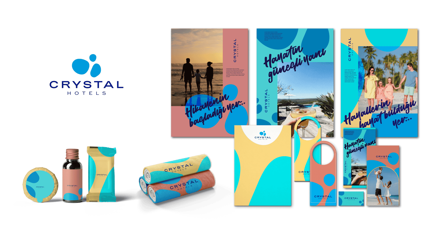 Crystal Hotels markası için tasarlanan basılı tanıtım ve otel iletişim materyalleri