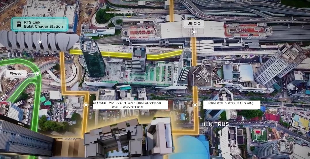 Aerial map showing properties within 210m walking distance to RTS Bukit Chagar station Johor Bahru