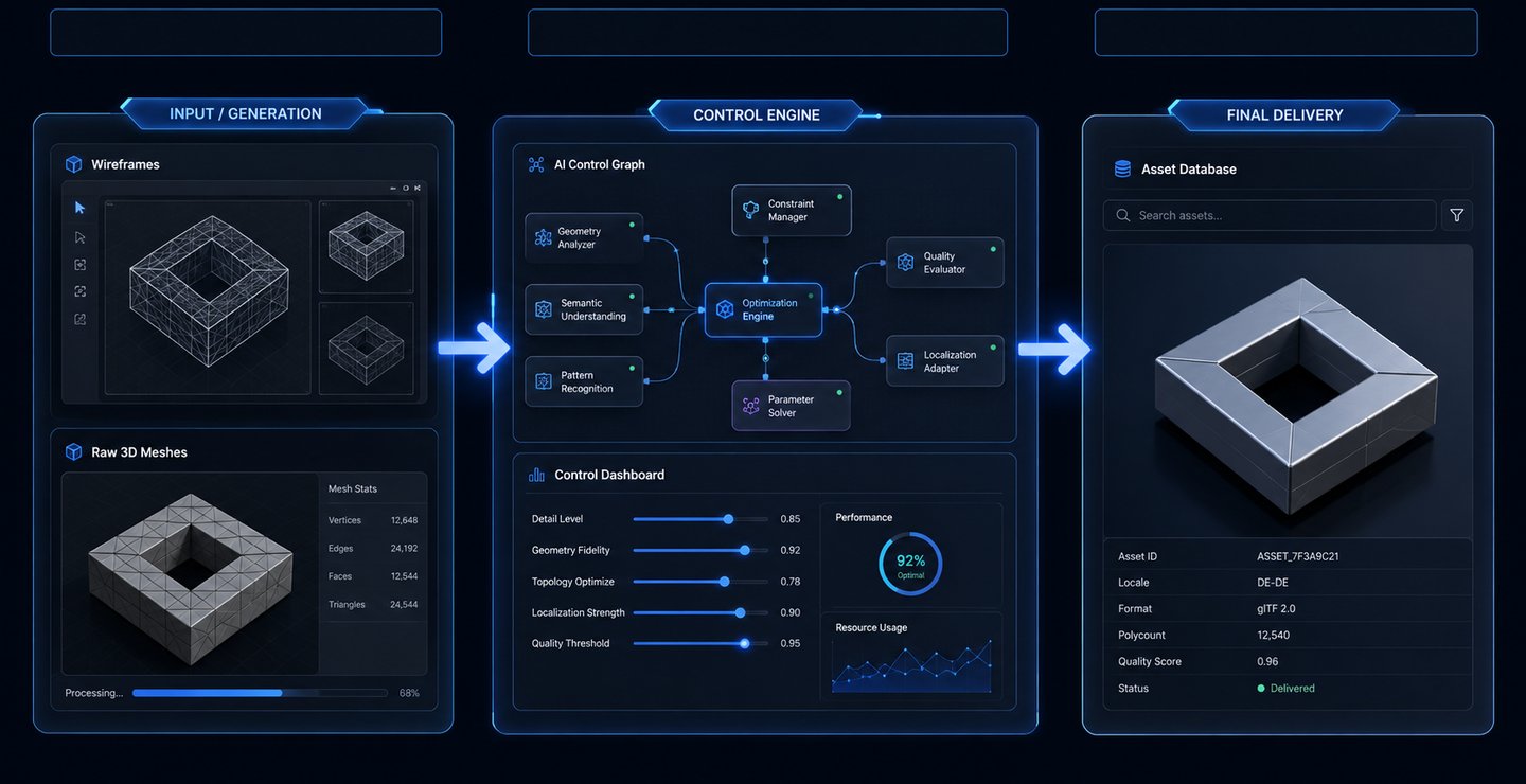 NovMotion AI visual supply chain architecture: 3-stage automated asset generation workflow.