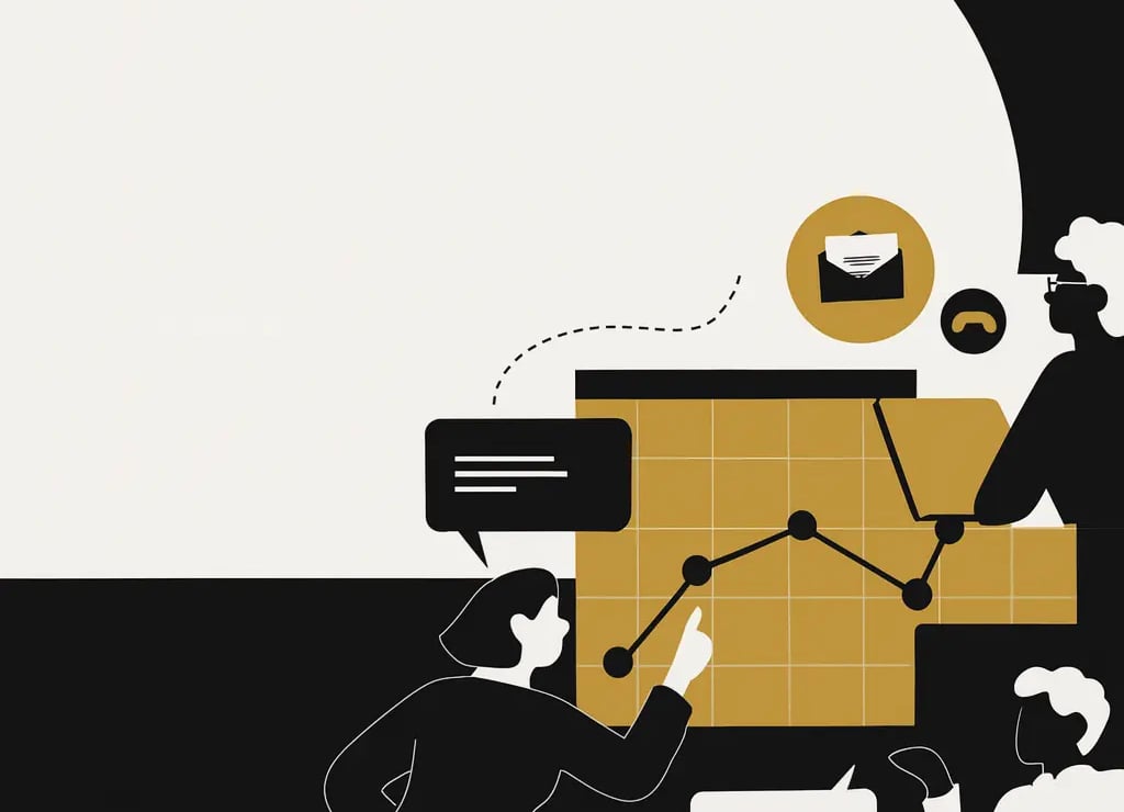 Illustration of three people analyzing a graph with chat bubbles, communication icons and data charts in a black, white and g
