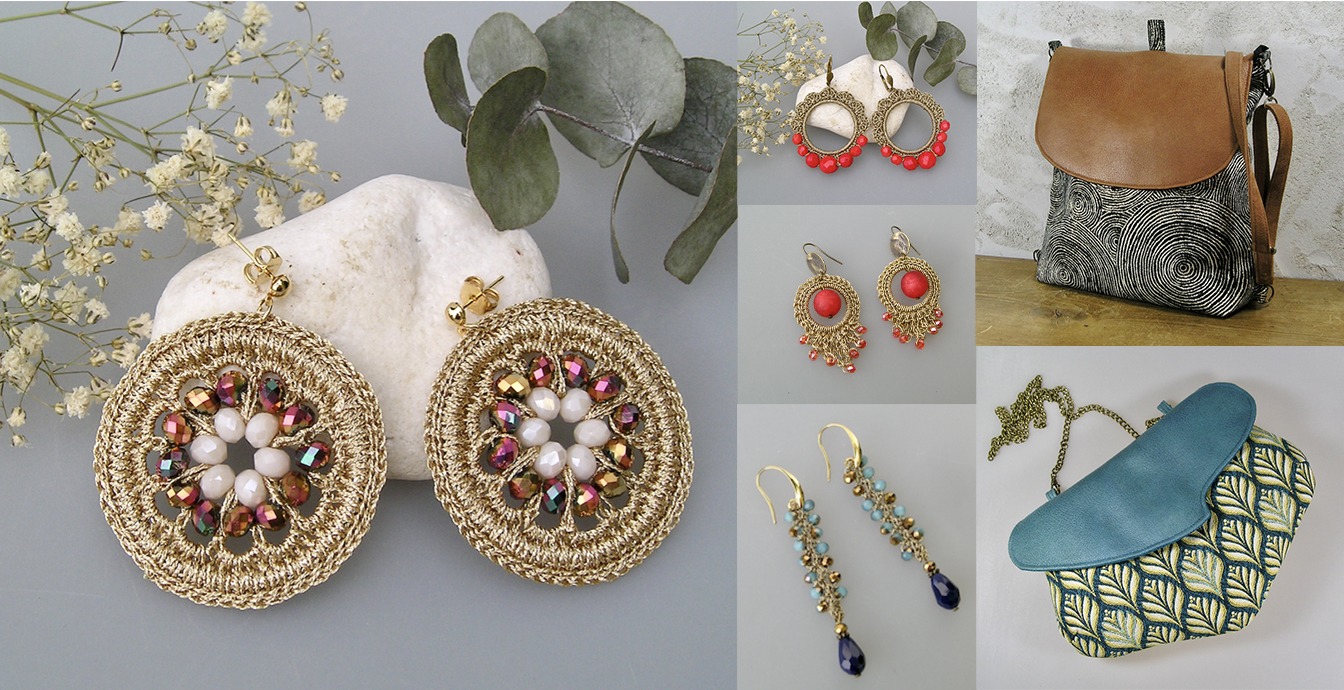 un collage de différents accessoires de mode au crochet et en tissus