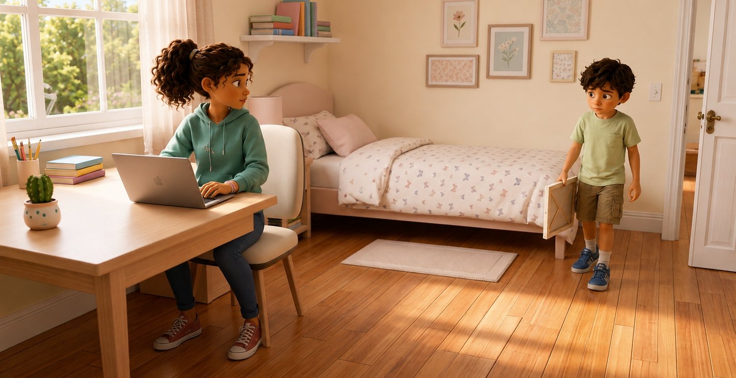 A young girl uses a laptop at a desk while a small boy enters the sunny bedroom.