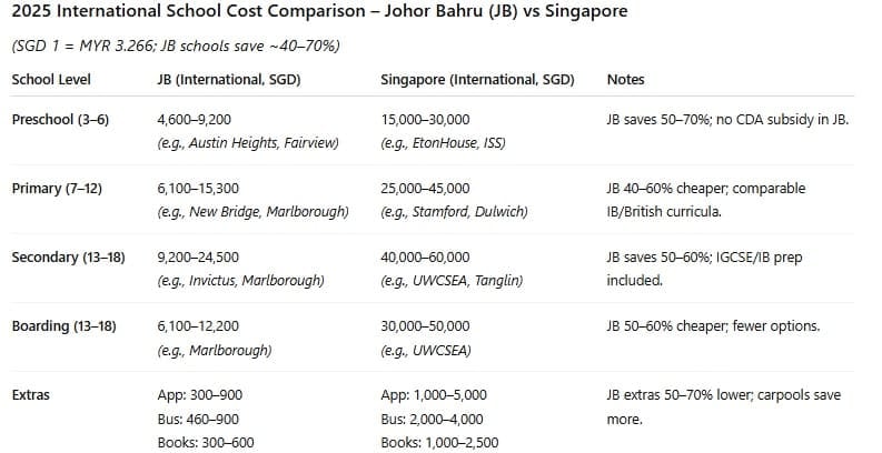 2025 school cost comparison: Johor Bahru international schools 40–70% cheaper than Singapore across all levels