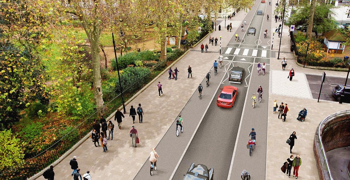 Rendering of a road with large sidewalks and bike lanes