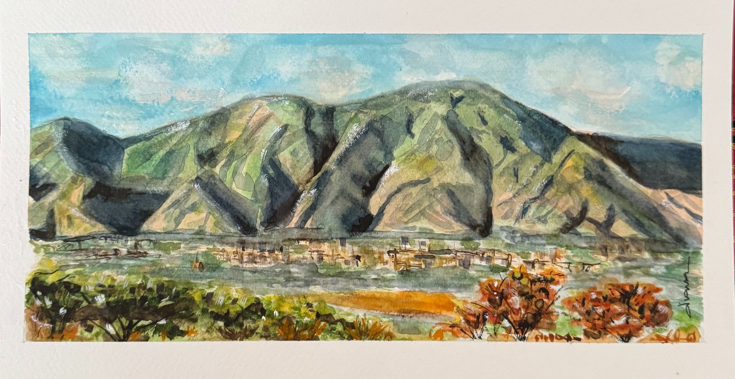 a painting of a mountain scene with a plane flying over a mountain