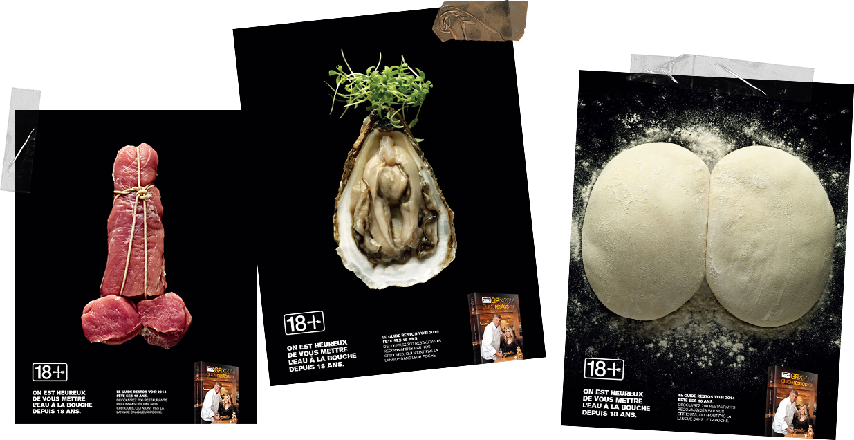 Drie affiches met vlees, deeg en een oester