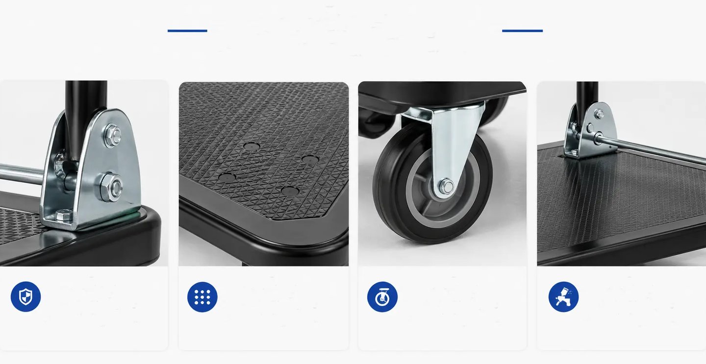 Close-up views of a folding platform truck showing the textured non-slip deck, swivel wheels, and metal hinges.