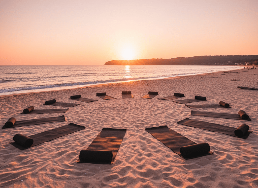 Sunset yoga mats on Lozenets beach: A serene, nature-led setting for yoga retreats at Yogessa Guest House.