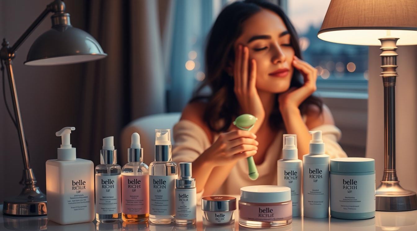 a woman is sitting at a table with a lot of skin care products