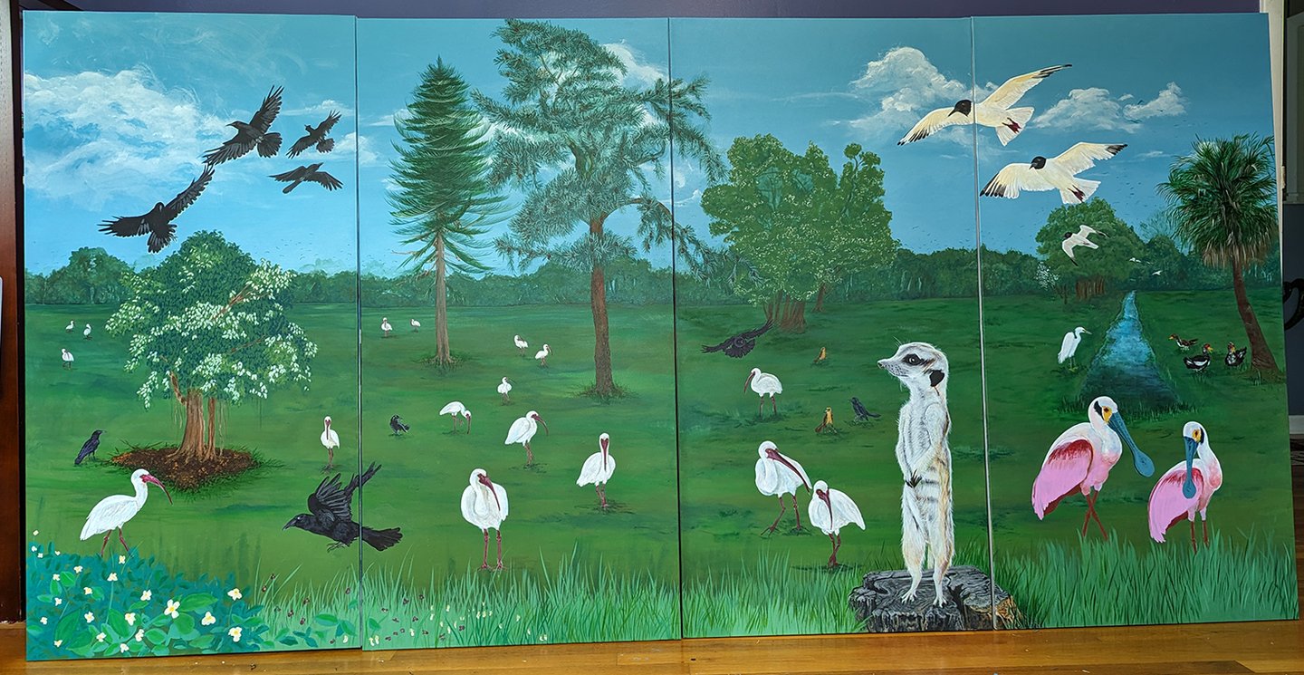 Four panel stretched canvas art series of Florida gulf coast living with wildlife, flowers, tidal creeks, and trees. 