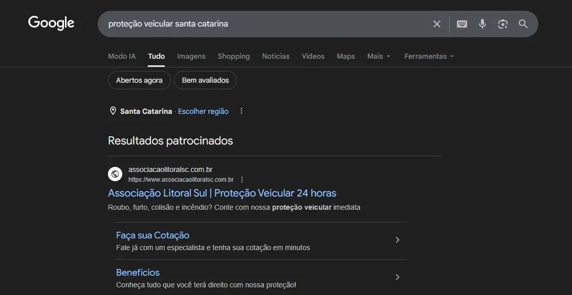 Exemplo de anúncio de proteção veicular no Google Ads para captação de leads