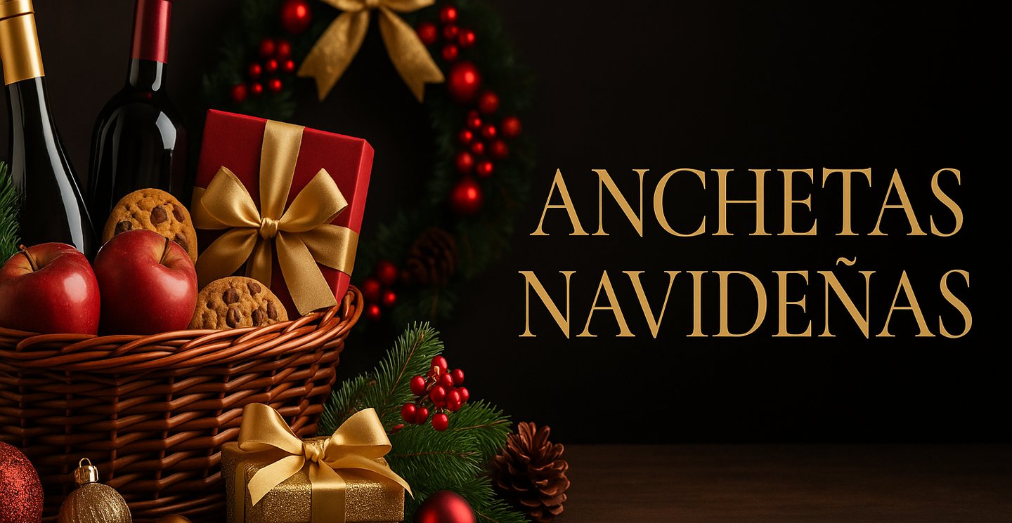 Banner panorámico de anchetas navideñas elegantes con decoración dorada, luces cálidas y empaques festivos de Anchetas Medell