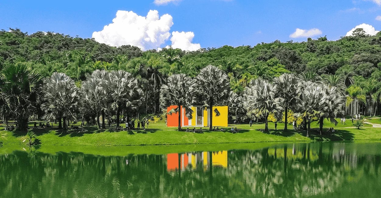 Obra de arte no Museu Inhotim, com lagoa verde e árvores nativa em volta, com céu azul