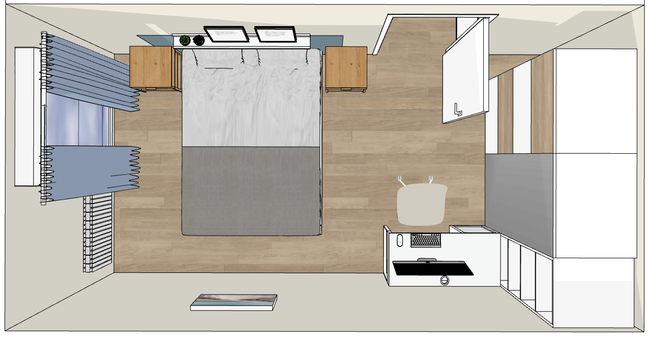 a bedroom with a bed and a desk