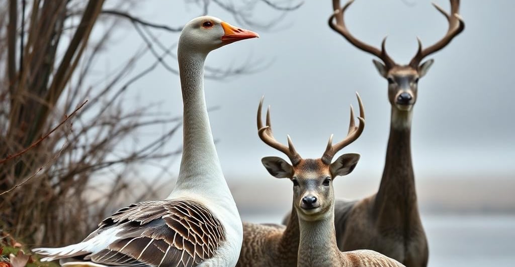 Surreal digital art of a white goose standing next to deer with antlers in a misty forest.
