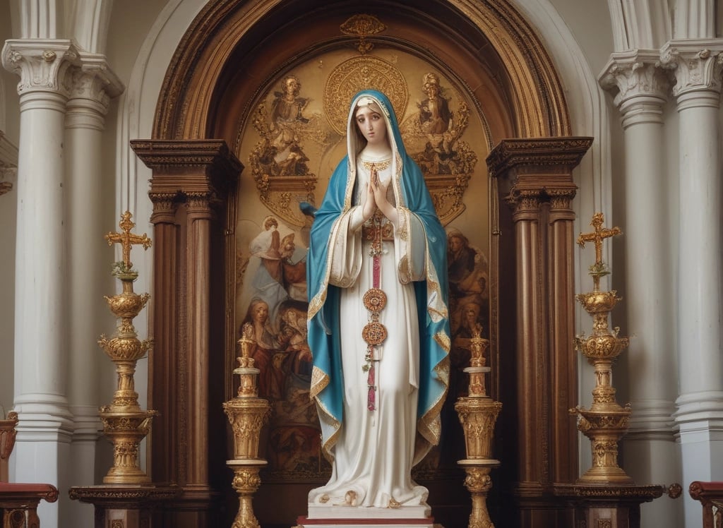 Close-up of a finely crafted religious figurine showing intricate details and delicate painting.