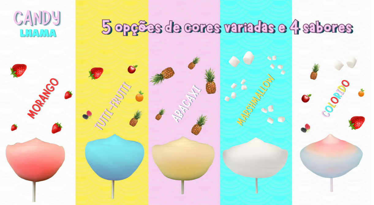 Sabores de algodao doce coloridos: morango, tutti-frutti, abacaxi e marshmallow